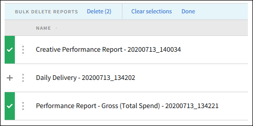 Report list in Bulk Delete mode with reports selected
